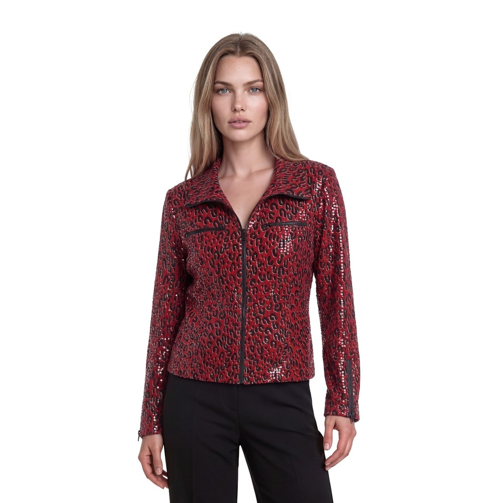 Carina Y2K Red Sequin‎ Leopard Jacket Full Zip Women's Size XL Stretch Vintage